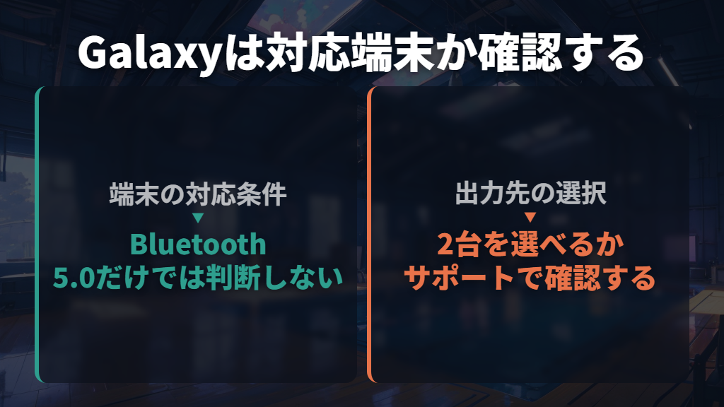 Galaxyはデュアルオーディオの対応と出力先を確認