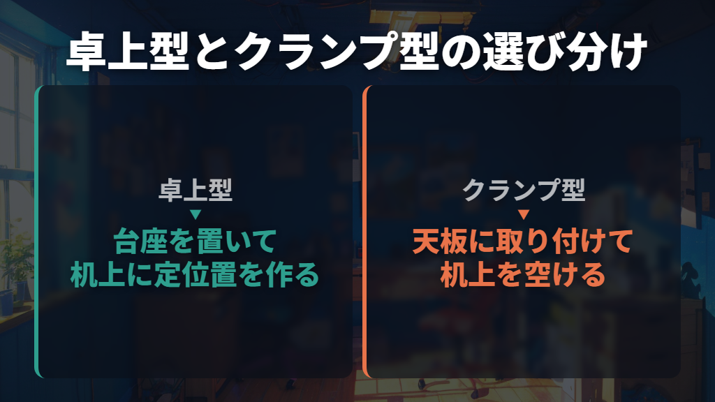 卓上型とクランプ型は、使いたい収納場所で分ける