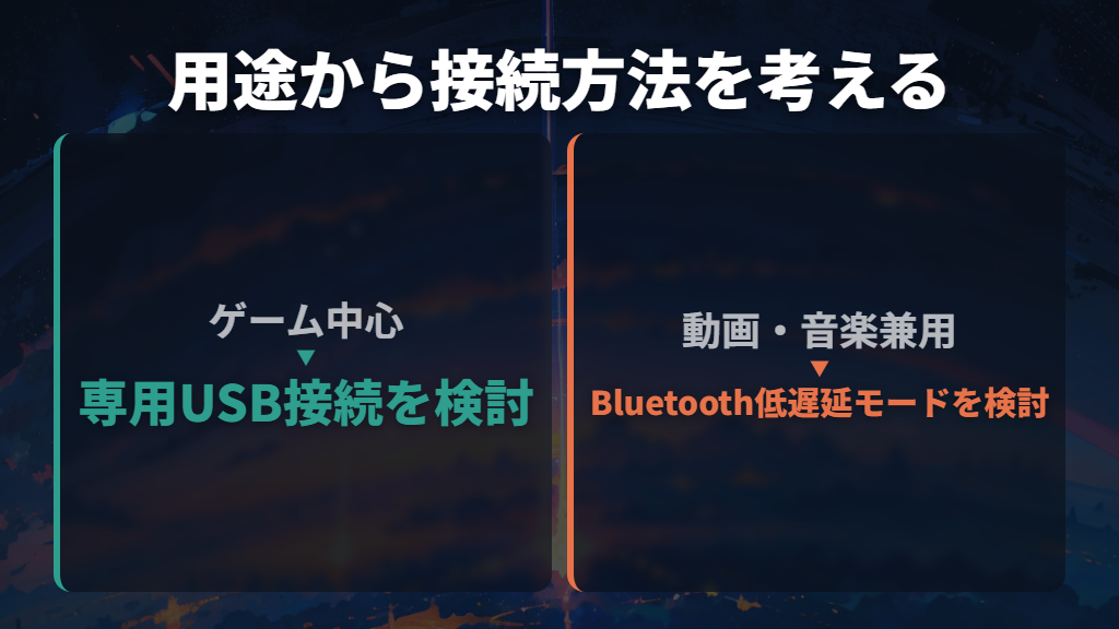 ゲーム中心なら専用USB接続、動画兼用ならBluetoothの低遅延モード