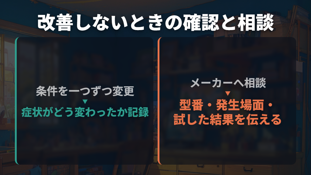 改善しないときは条件を変えて切り分け、修理を相談する