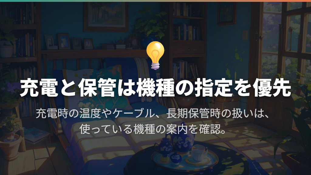 充電と保管は、機種の指定と温度を優先する