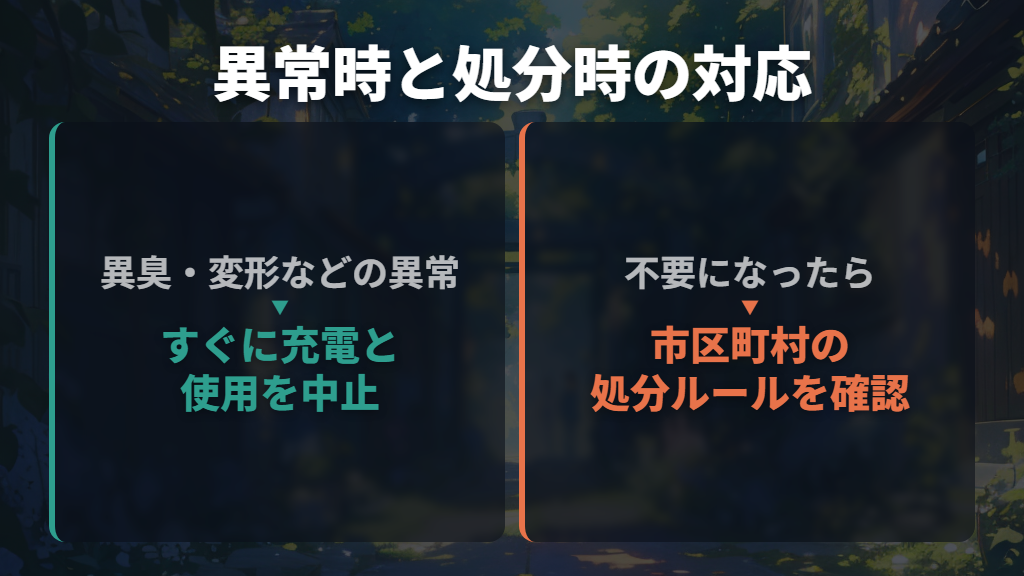 異常時は使用を止め、不要になったら自治体のルールで処分する